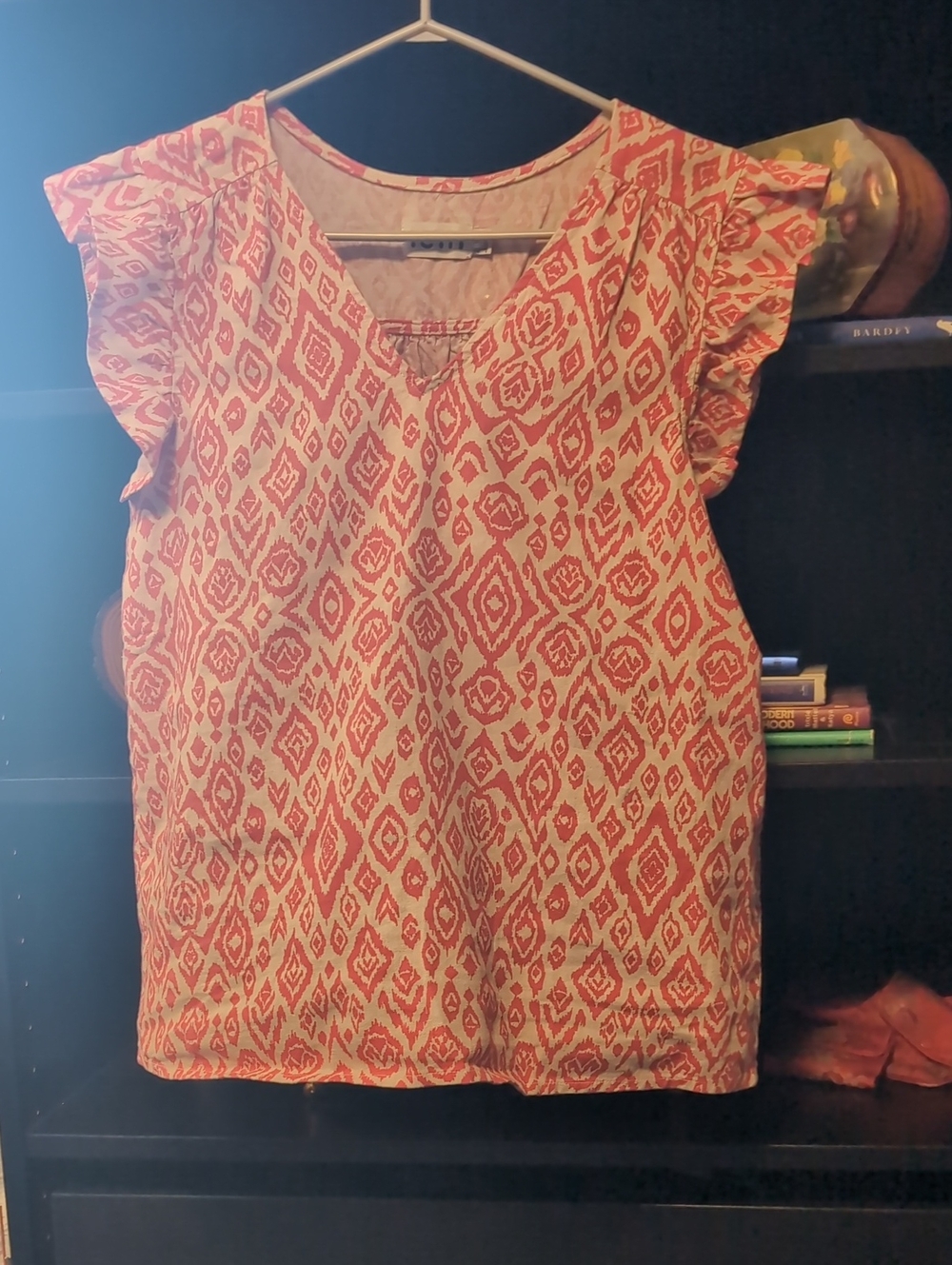 Women’s Coral Ikat Ruffle Sleeve Linen Blend Blouse